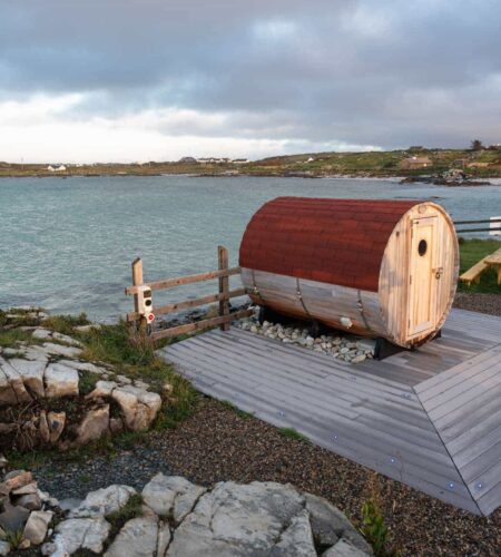 sauna overlooking the water evening time